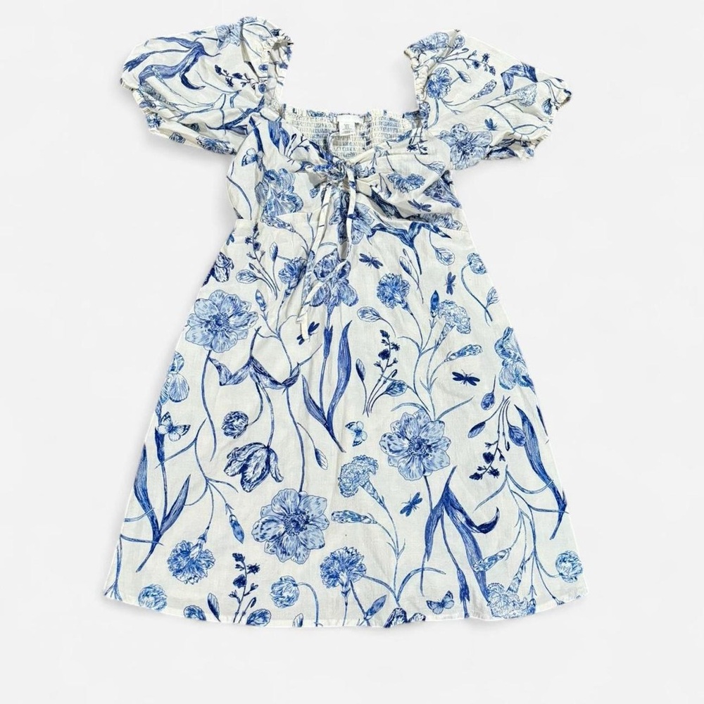Blue Floral Puff-Sleeve Mini Dress